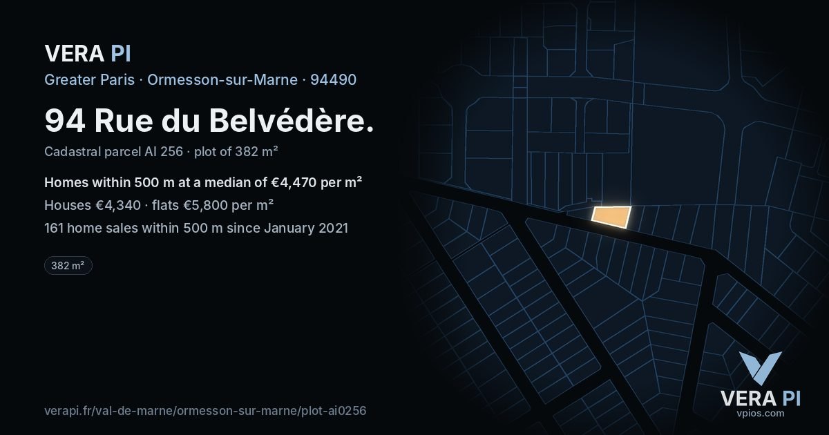 94 Rue du Belvédère, Ormesson-sur-Marne at night – the plot lit, the parcels around coloured by the prices near them