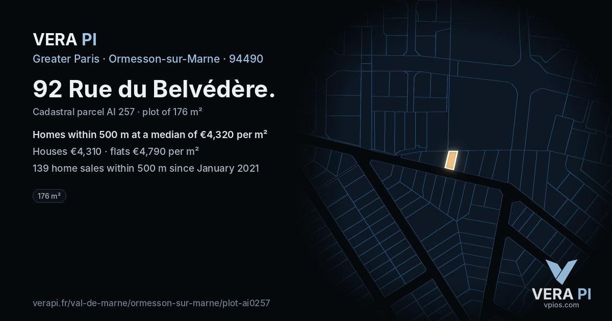 92 Rue du Belvédère, Ormesson-sur-Marne at night – the plot lit, the parcels around coloured by the prices near them