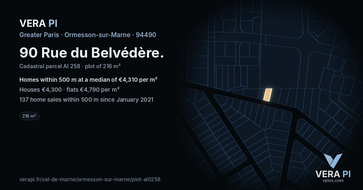 90 Rue du Belvédère, Ormesson-sur-Marne at night – the plot lit, the parcels around coloured by the prices near them