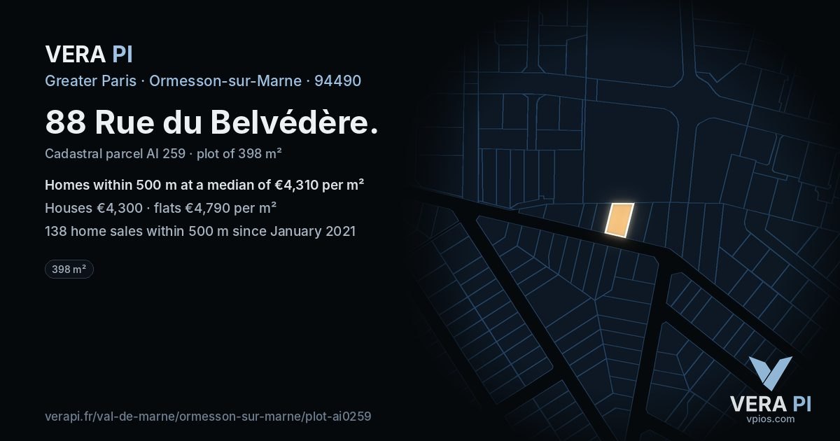 88 Rue du Belvédère, Ormesson-sur-Marne at night – the plot lit, the parcels around coloured by the prices near them