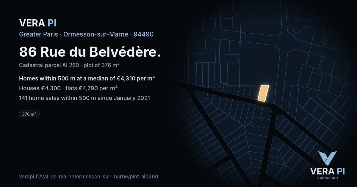 86 Rue du Belvédère, Ormesson-sur-Marne at night – the plot lit, the parcels around coloured by the prices near them