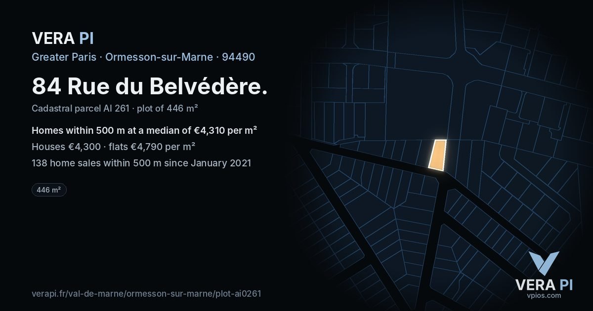 84 Rue du Belvédère, Ormesson-sur-Marne at night – the plot lit, the parcels around coloured by the prices near them
