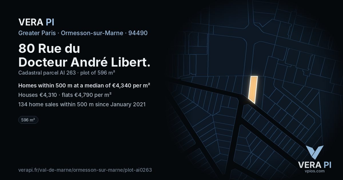 80 Rue du Docteur André Libert, Ormesson-sur-Marne at night – the plot lit, the parcels around coloured by the prices near them