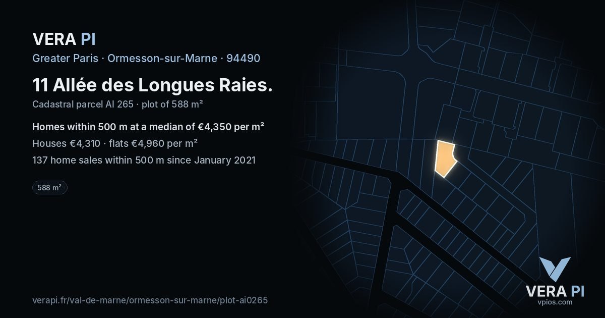 11 Allée des Longues Raies, Ormesson-sur-Marne at night – the plot lit, the parcels around coloured by the prices near them