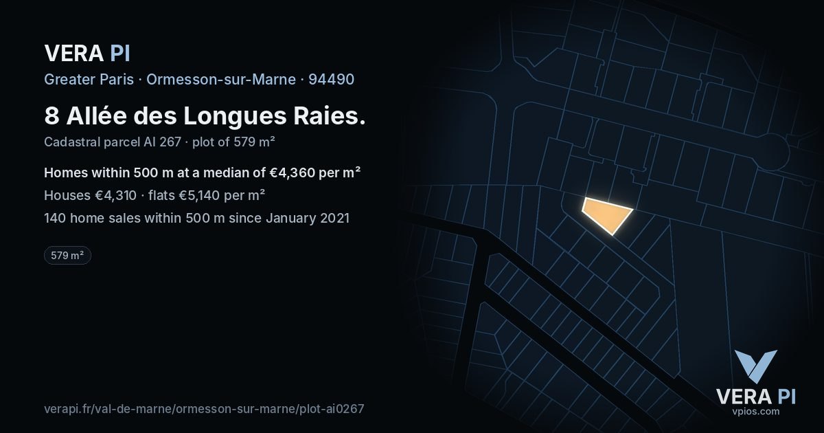 8 Allée des Longues Raies, Ormesson-sur-Marne at night – the plot lit, the parcels around coloured by the prices near them