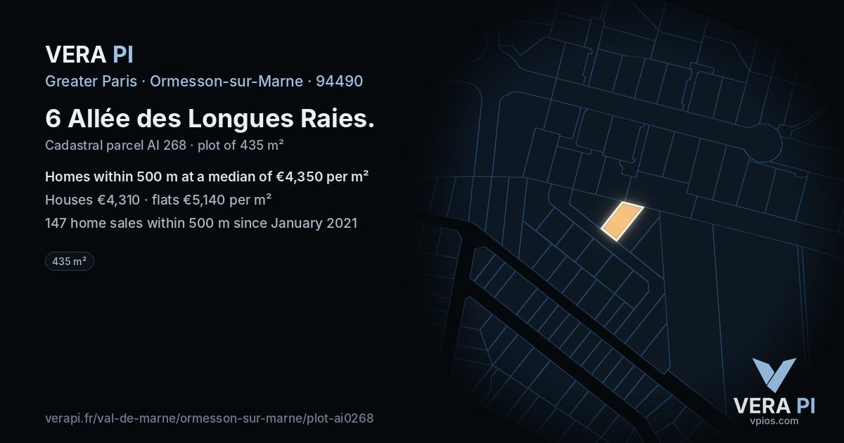 6 Allée des Longues Raies, Ormesson-sur-Marne at night – the plot lit, the parcels around coloured by the prices near them