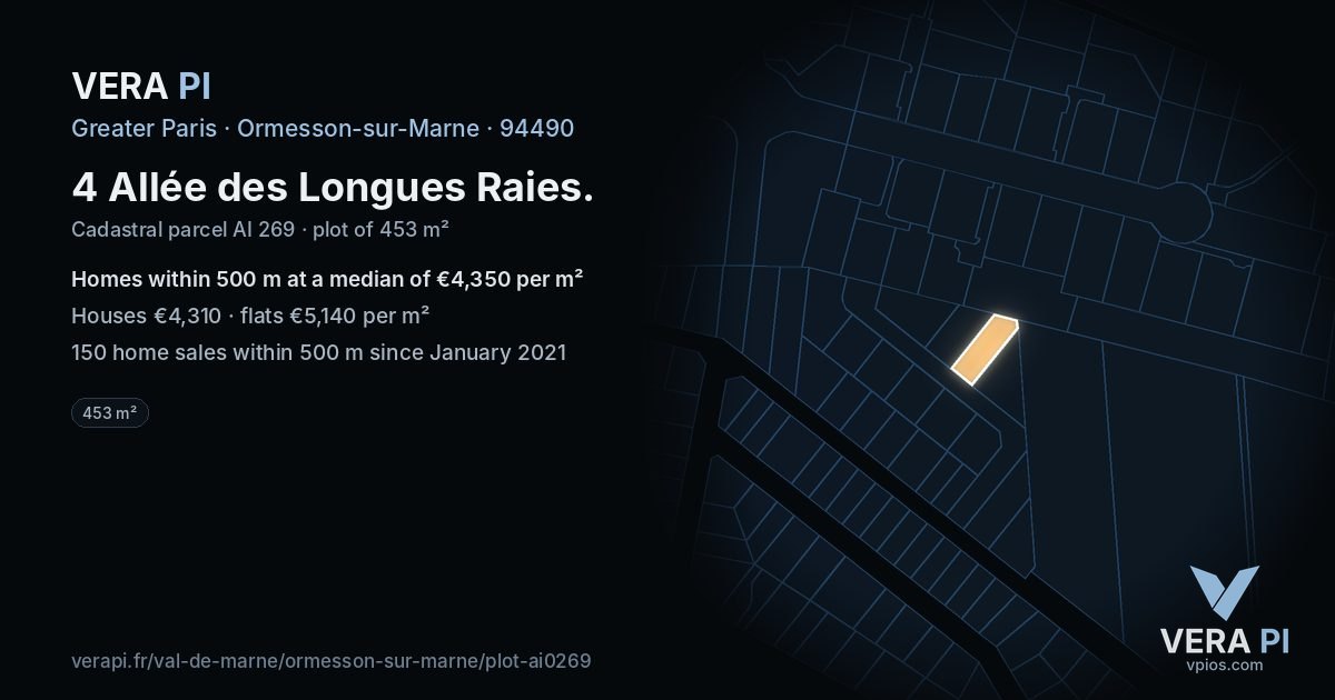 4 Allée des Longues Raies, Ormesson-sur-Marne at night – the plot lit, the parcels around coloured by the prices near them