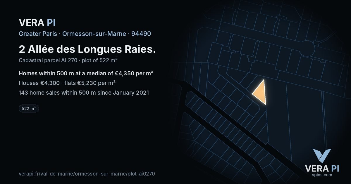 2 Allée des Longues Raies, Ormesson-sur-Marne at night – the plot lit, the parcels around coloured by the prices near them