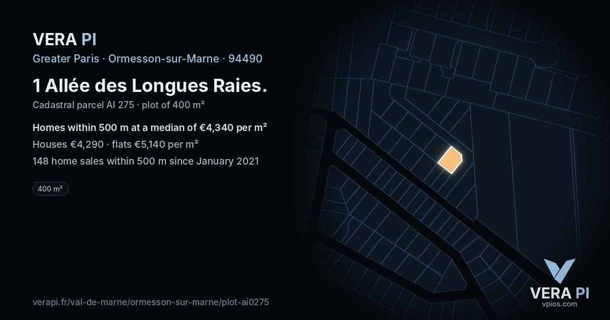 1 Allée des Longues Raies, Ormesson-sur-Marne at night – the plot lit, the parcels around coloured by the prices near them