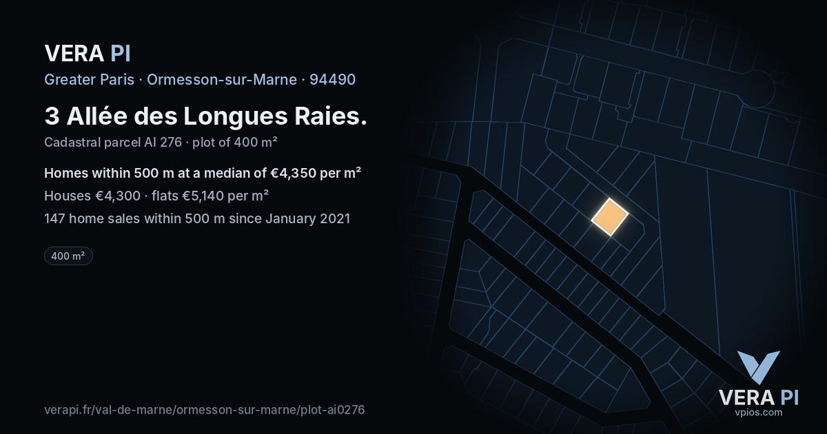3 Allée des Longues Raies, Ormesson-sur-Marne at night – the plot lit, the parcels around coloured by the prices near them