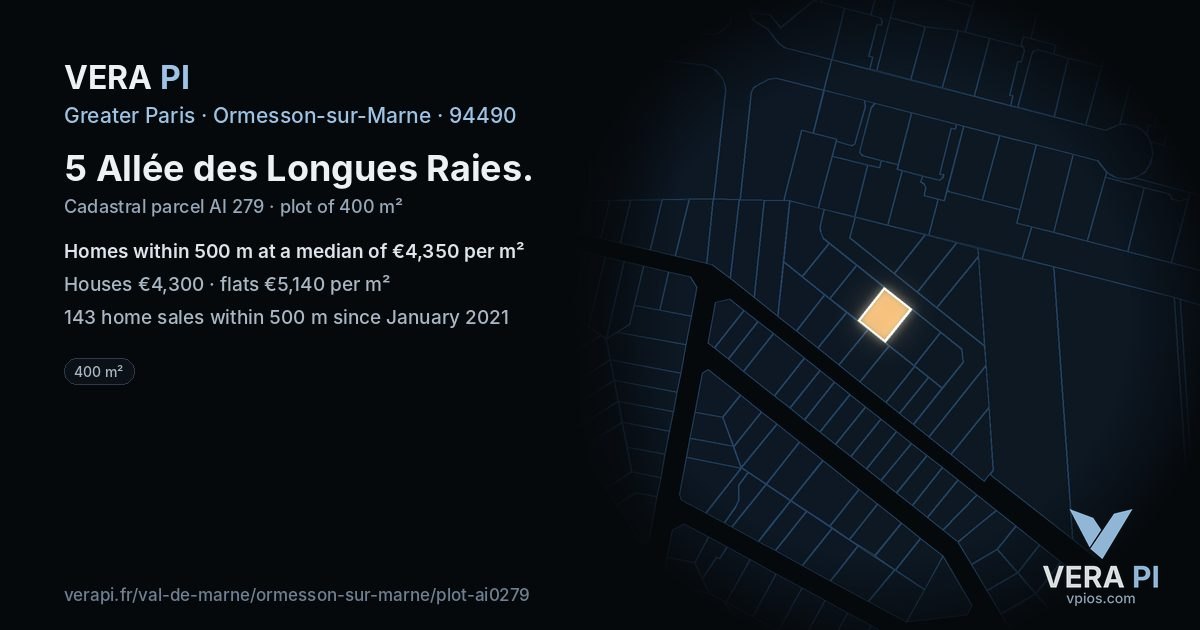 5 Allée des Longues Raies, Ormesson-sur-Marne at night – the plot lit, the parcels around coloured by the prices near them