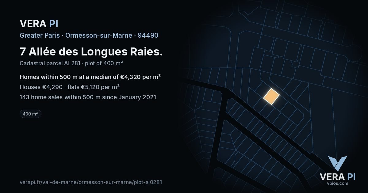 7 Allée des Longues Raies, Ormesson-sur-Marne at night – the plot lit, the parcels around coloured by the prices near them