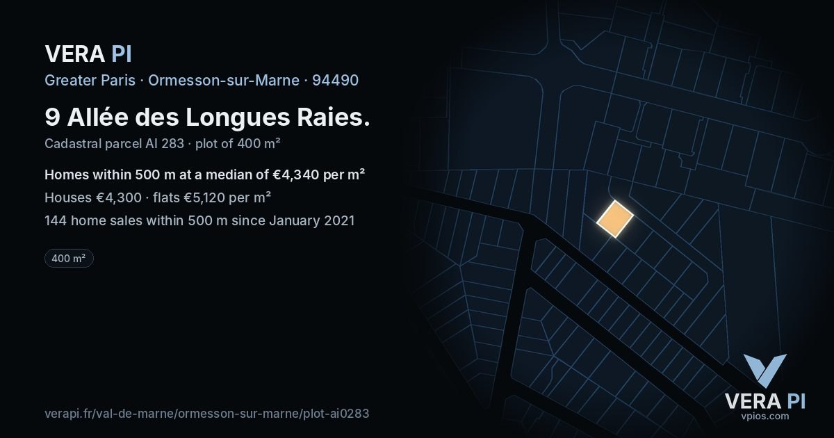 9 Allée des Longues Raies, Ormesson-sur-Marne at night – the plot lit, the parcels around coloured by the prices near them