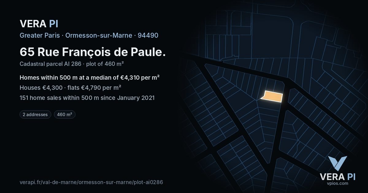 65 Rue François de Paule, Ormesson-sur-Marne at night – the plot lit, the parcels around coloured by the prices near them