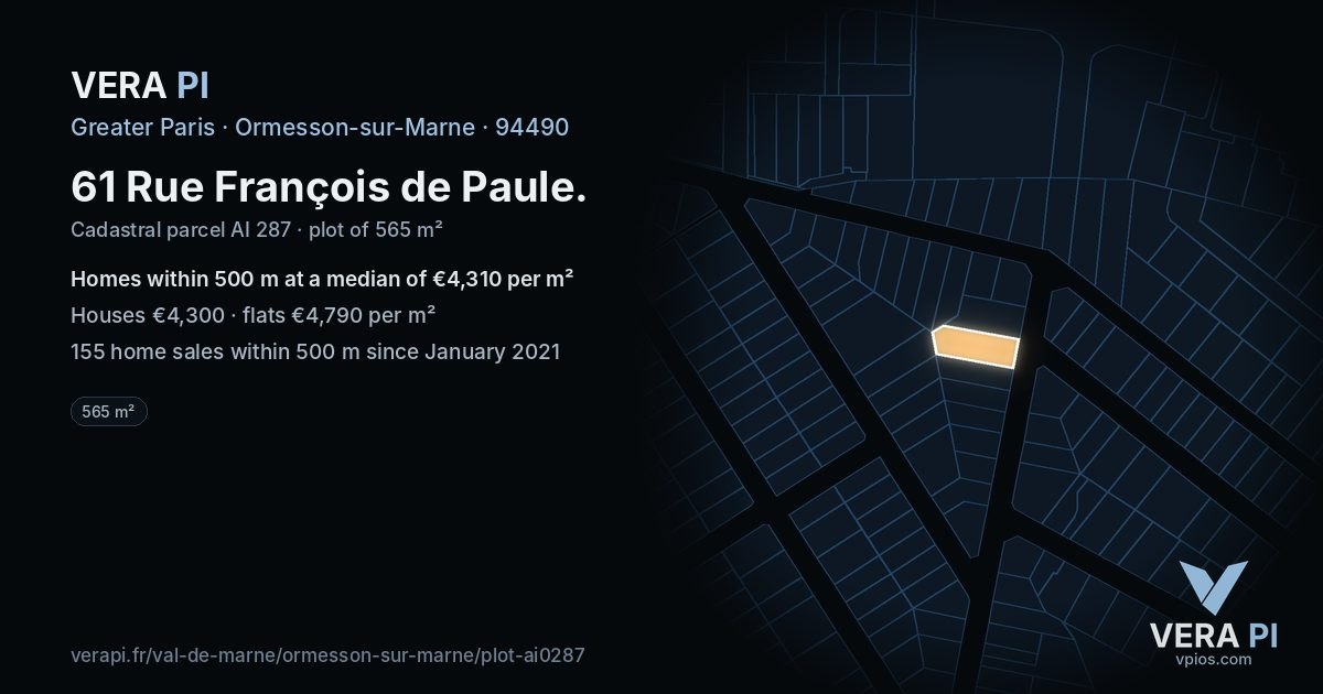 61 Rue François de Paule, Ormesson-sur-Marne at night – the plot lit, the parcels around coloured by the prices near them