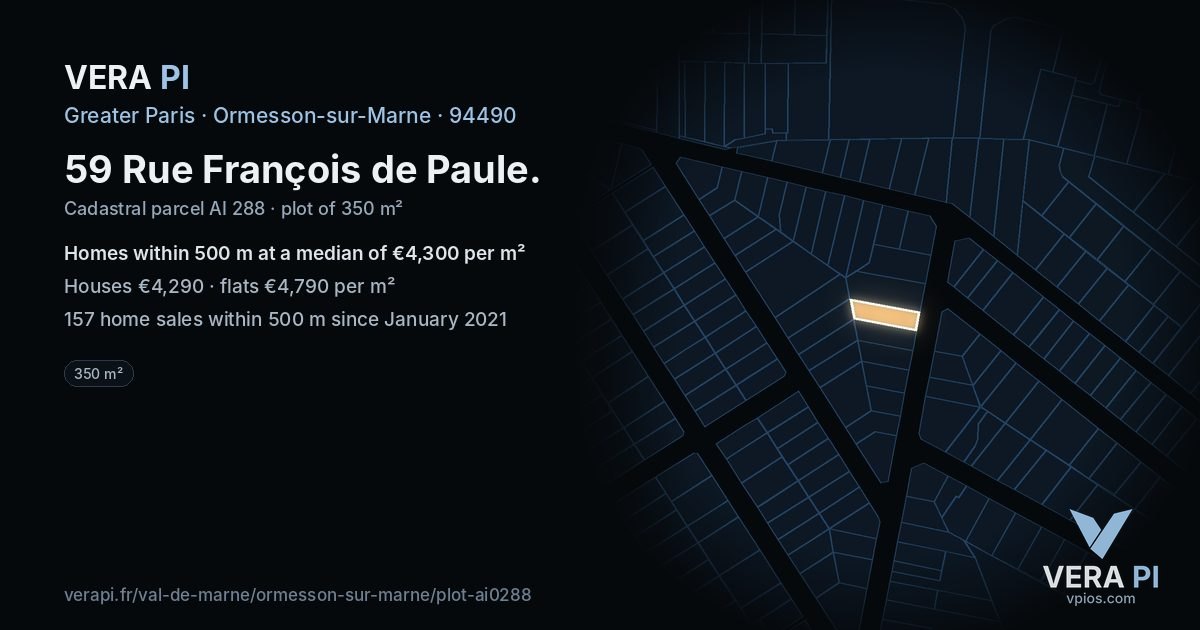 59 Rue François de Paule, Ormesson-sur-Marne at night – the plot lit, the parcels around coloured by the prices near them