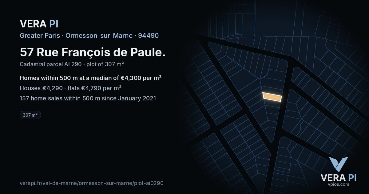 57 Rue François de Paule, Ormesson-sur-Marne at night – the plot lit, the parcels around coloured by the prices near them