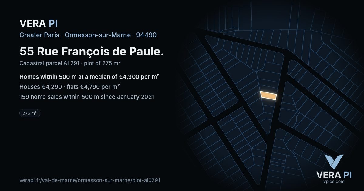 55 Rue François de Paule, Ormesson-sur-Marne at night – the plot lit, the parcels around coloured by the prices near them