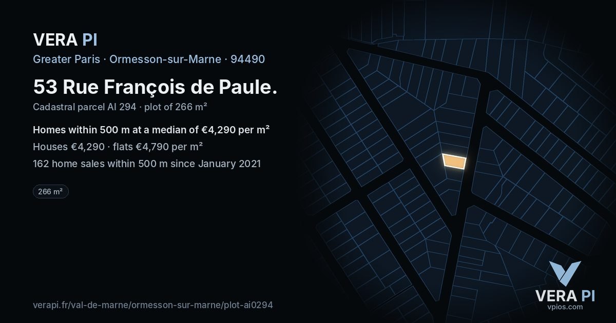 53 Rue François de Paule, Ormesson-sur-Marne at night – the plot lit, the parcels around coloured by the prices near them