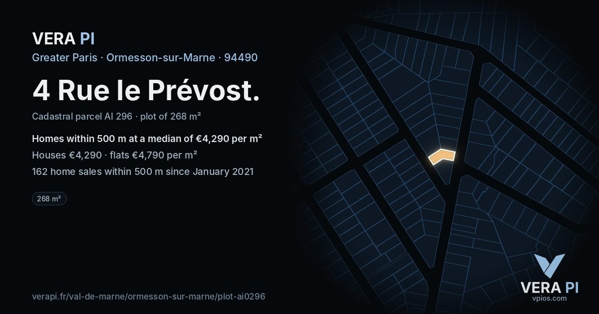 4 Rue le Prévost, Ormesson-sur-Marne at night – the plot lit, the parcels around coloured by the prices near them