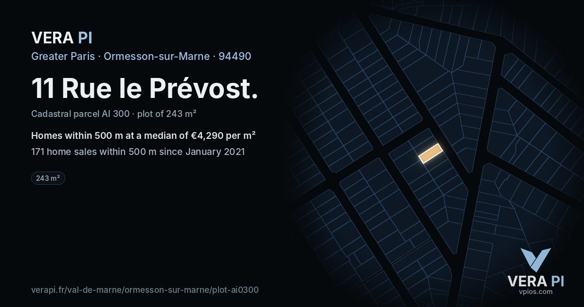 11 Rue le Prévost, Ormesson-sur-Marne at night – the plot lit, the parcels around coloured by the prices near them