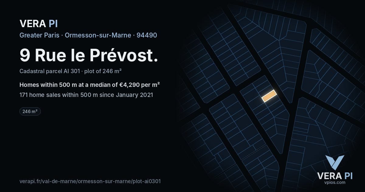 9 Rue le Prévost, Ormesson-sur-Marne at night – the plot lit, the parcels around coloured by the prices near them