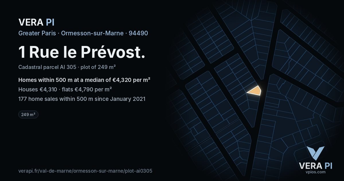 1 Rue le Prévost, Ormesson-sur-Marne at night – the plot lit, the parcels around coloured by the prices near them