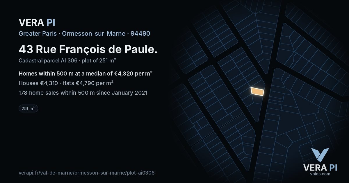 43 Rue François de Paule, Ormesson-sur-Marne at night – the plot lit, the parcels around coloured by the prices near them