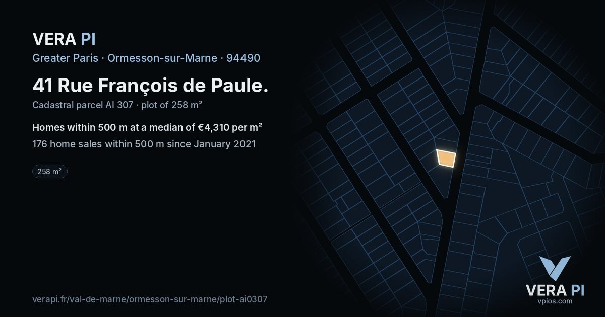 41 Rue François de Paule, Ormesson-sur-Marne at night – the plot lit, the parcels around coloured by the prices near them