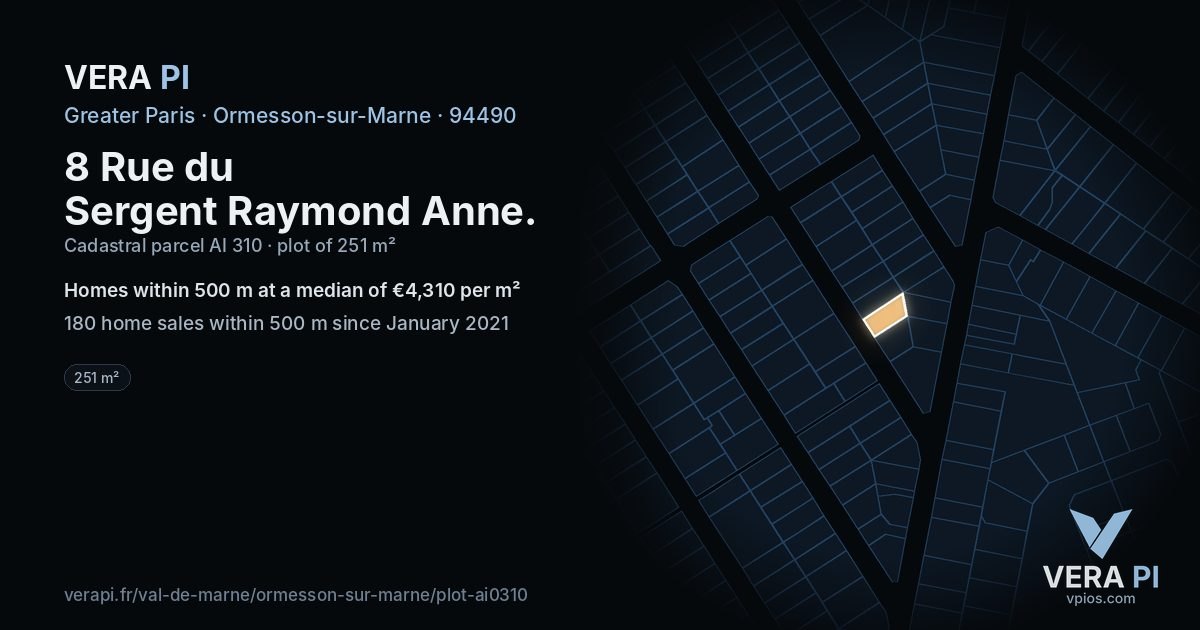 8 Rue du Sergent Raymond Anne, Ormesson-sur-Marne at night – the plot lit, the parcels around coloured by the prices near them