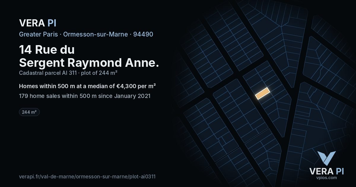14 Rue du Sergent Raymond Anne, Ormesson-sur-Marne at night – the plot lit, the parcels around coloured by the prices near them