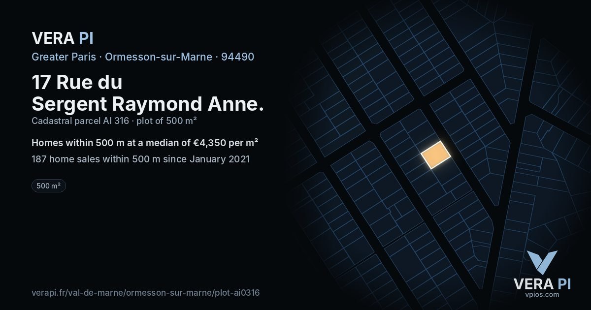 17 Rue du Sergent Raymond Anne, Ormesson-sur-Marne at night – the plot lit, the parcels around coloured by the prices near them