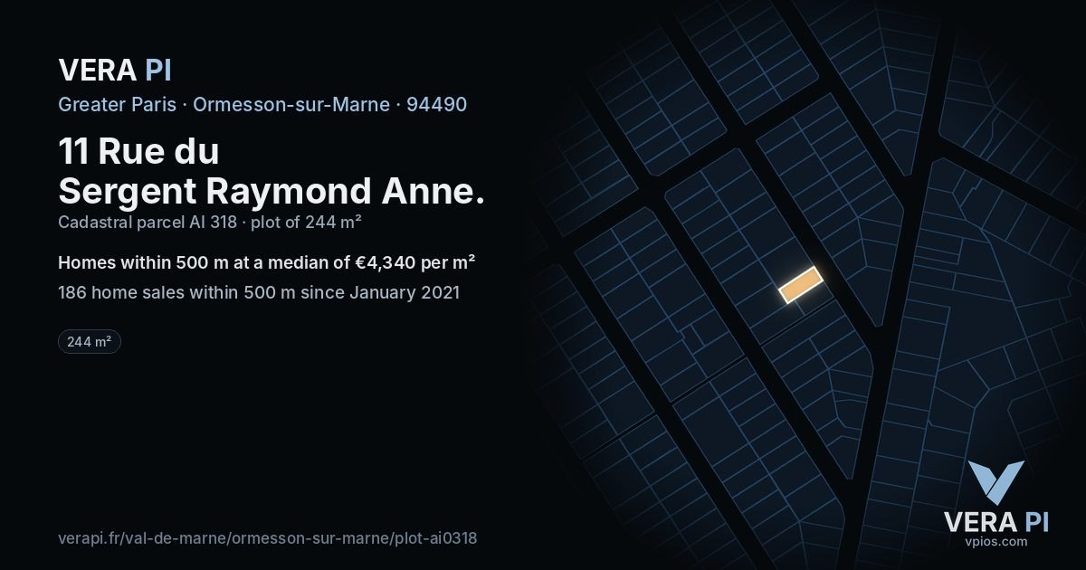 11 Rue du Sergent Raymond Anne, Ormesson-sur-Marne at night – the plot lit, the parcels around coloured by the prices near them