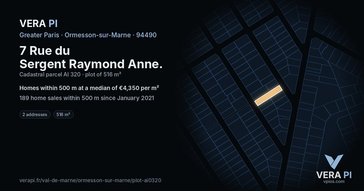 7 Rue du Sergent Raymond Anne, Ormesson-sur-Marne at night – the plot lit, the parcels around coloured by the prices near them
