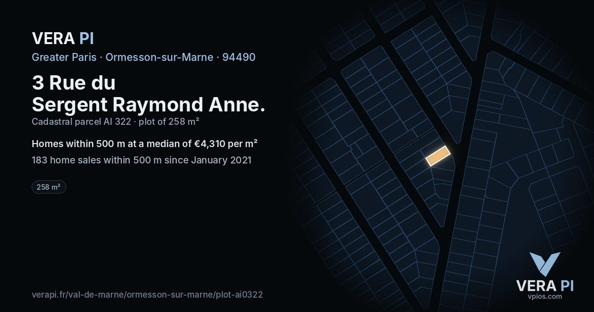 3 Rue du Sergent Raymond Anne, Ormesson-sur-Marne at night – the plot lit, the parcels around coloured by the prices near them