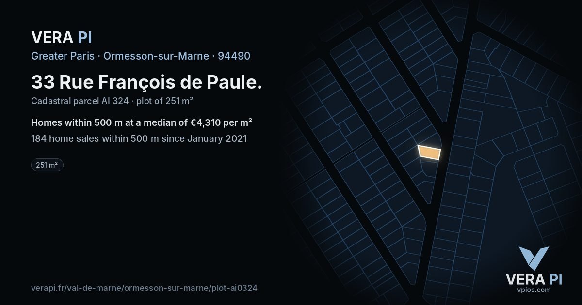 33 Rue François de Paule, Ormesson-sur-Marne at night – the plot lit, the parcels around coloured by the prices near them