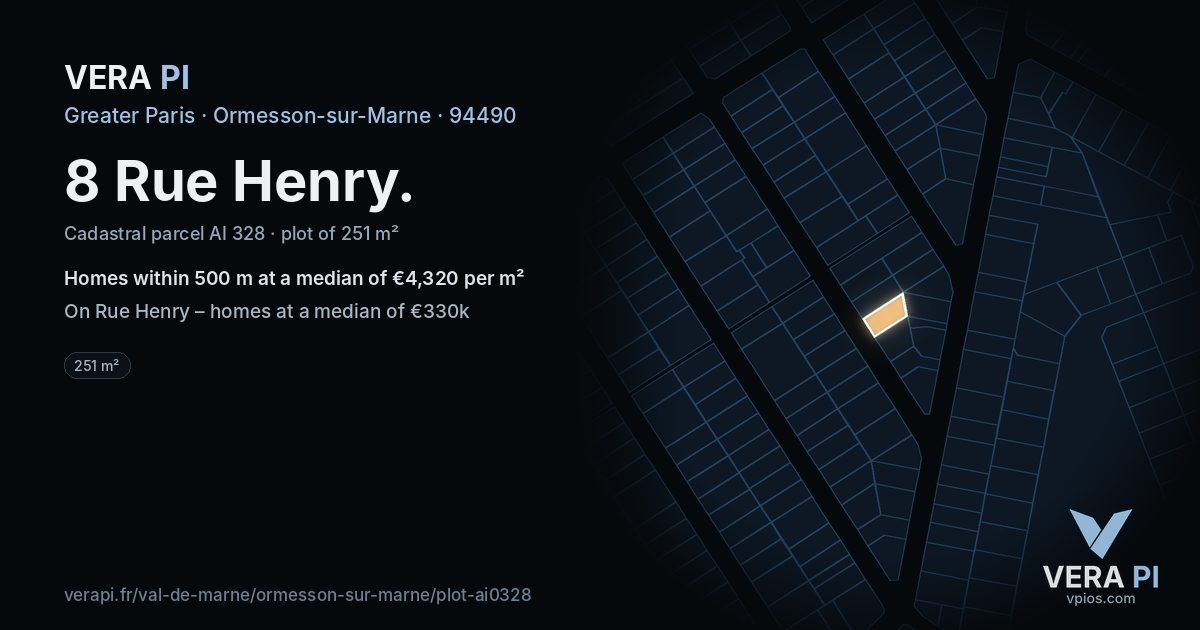8 Rue Henry, Ormesson-sur-Marne at night – the plot lit, the parcels around coloured by the prices near them