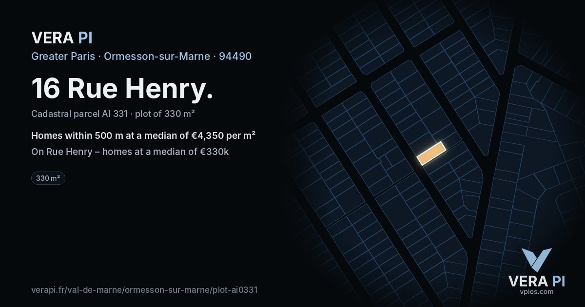 16 Rue Henry, Ormesson-sur-Marne at night – the plot lit, the parcels around coloured by the prices near them
