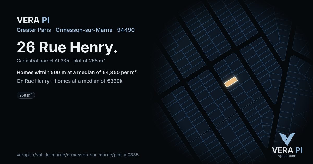 26 Rue Henry, Ormesson-sur-Marne at night – the plot lit, the parcels around coloured by the prices near them