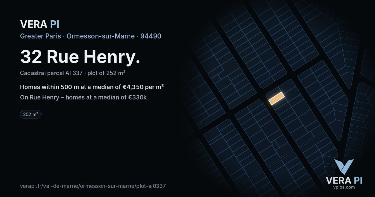 32 Rue Henry, Ormesson-sur-Marne at night – the plot lit, the parcels around coloured by the prices near them