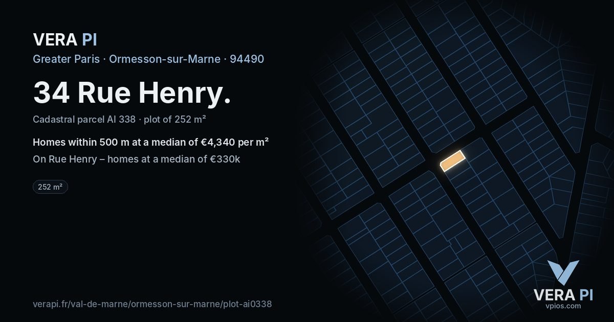 34 Rue Henry, Ormesson-sur-Marne at night – the plot lit, the parcels around coloured by the prices near them