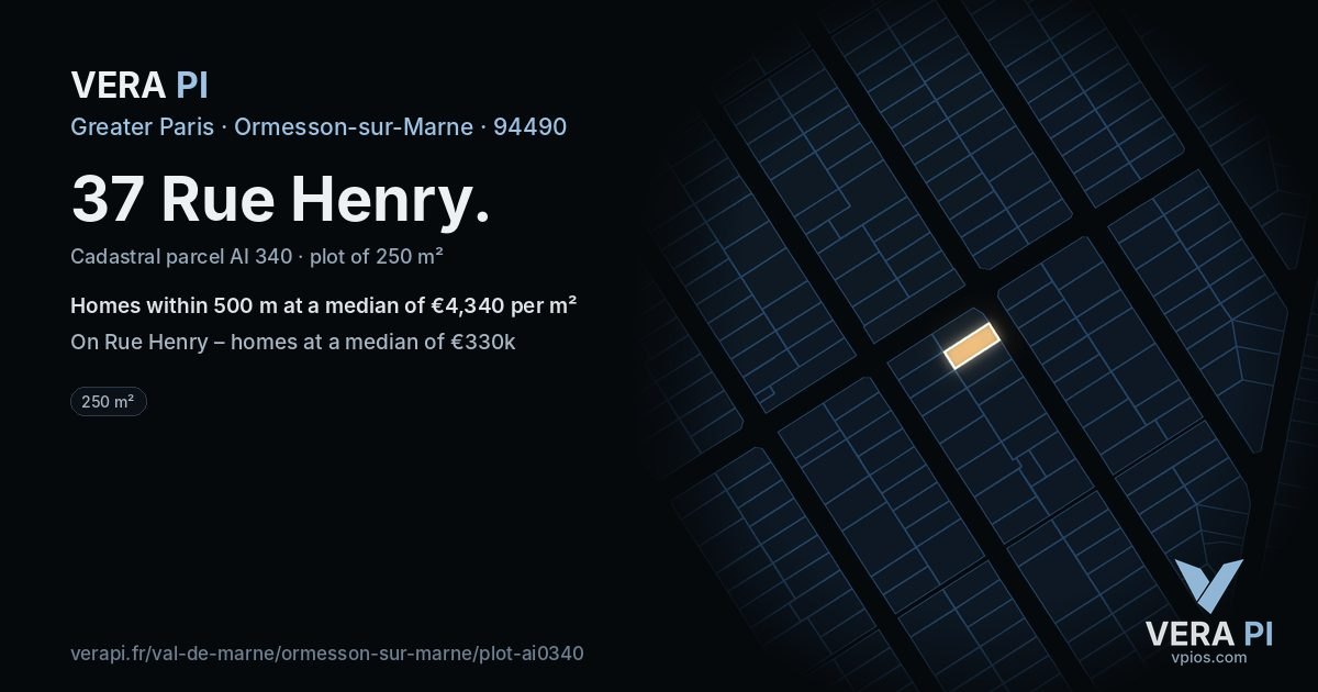 37 Rue Henry, Ormesson-sur-Marne at night – the plot lit, the parcels around coloured by the prices near them