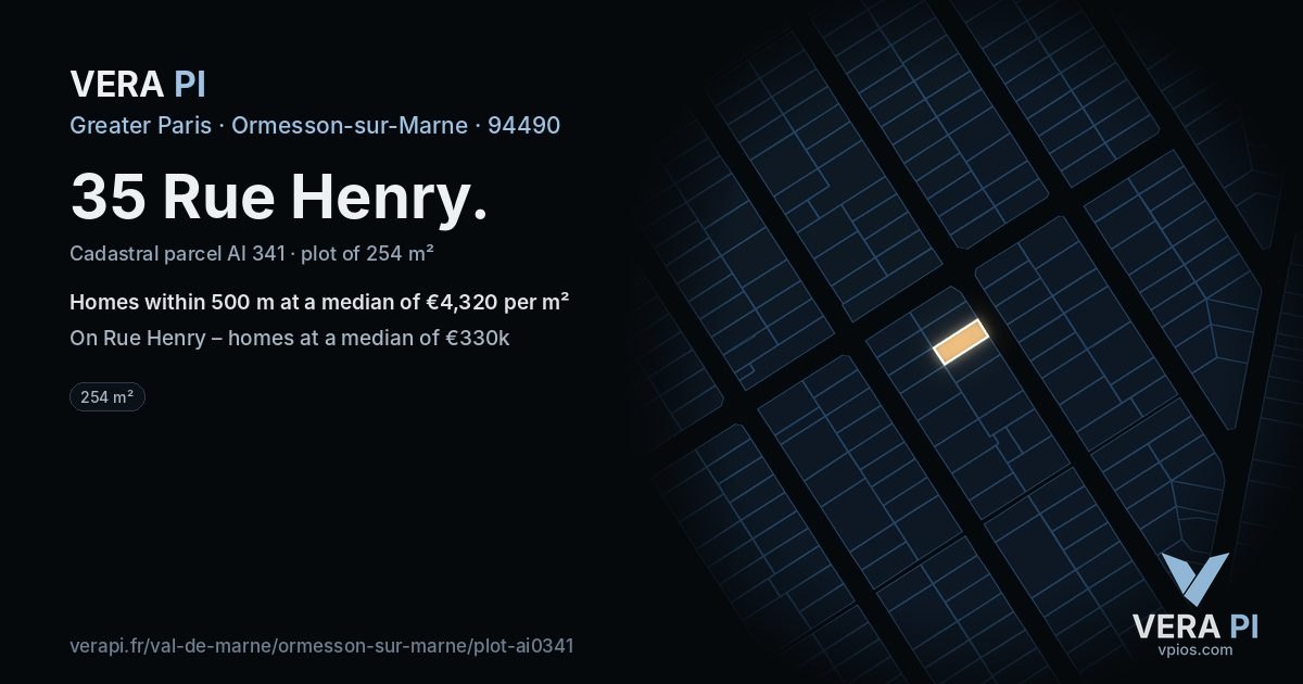 35 Rue Henry, Ormesson-sur-Marne at night – the plot lit, the parcels around coloured by the prices near them