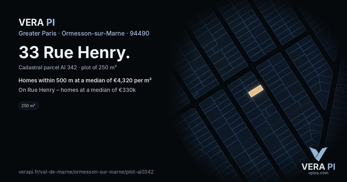 33 Rue Henry, Ormesson-sur-Marne at night – the plot lit, the parcels around coloured by the prices near them