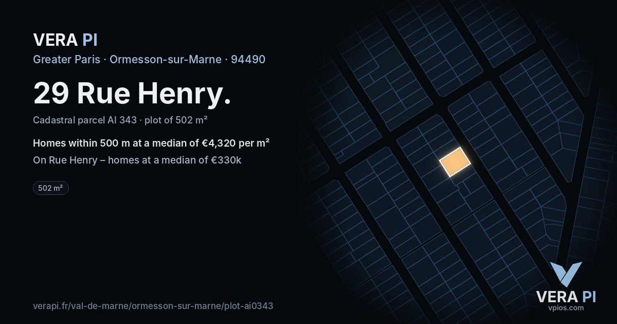 29 Rue Henry, Ormesson-sur-Marne at night – the plot lit, the parcels around coloured by the prices near them