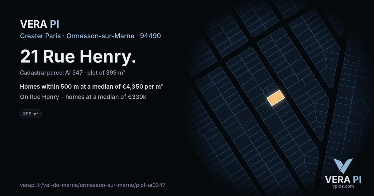21 Rue Henry, Ormesson-sur-Marne at night – the plot lit, the parcels around coloured by the prices near them