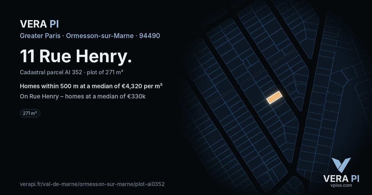 11 Rue Henry, Ormesson-sur-Marne at night – the plot lit, the parcels around coloured by the prices near them
