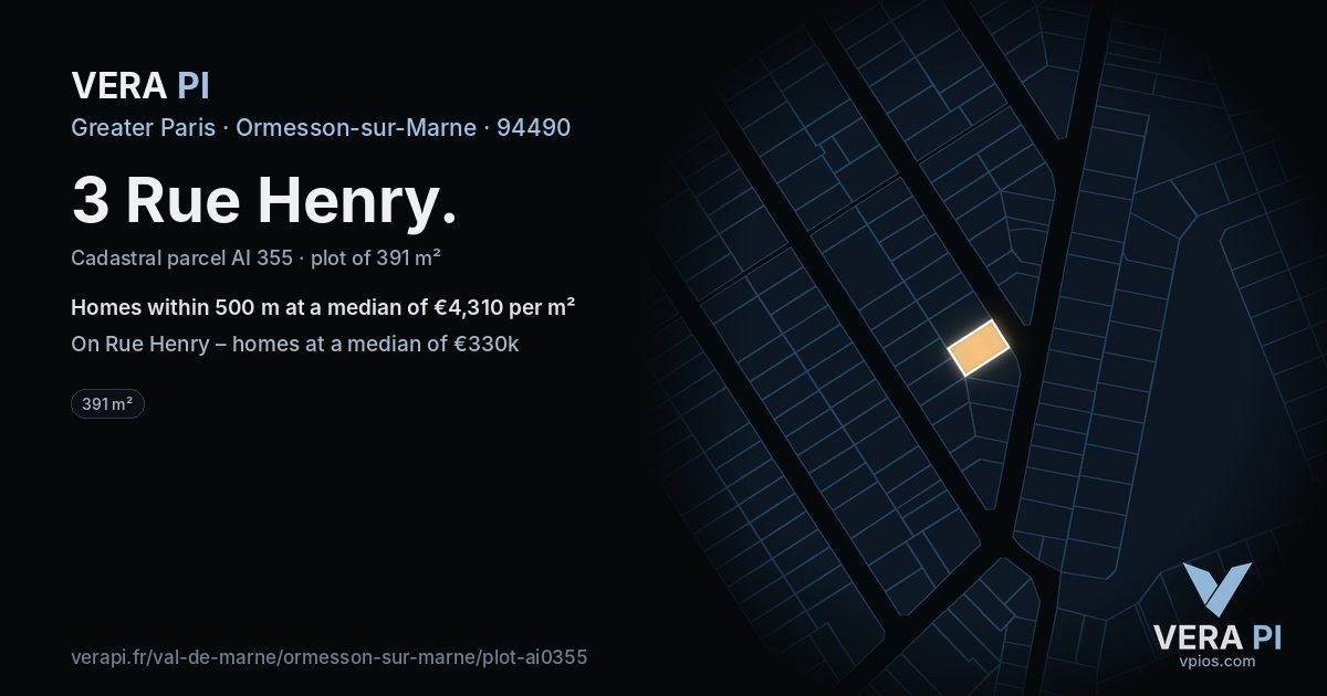 3 Rue Henry, Ormesson-sur-Marne at night – the plot lit, the parcels around coloured by the prices near them