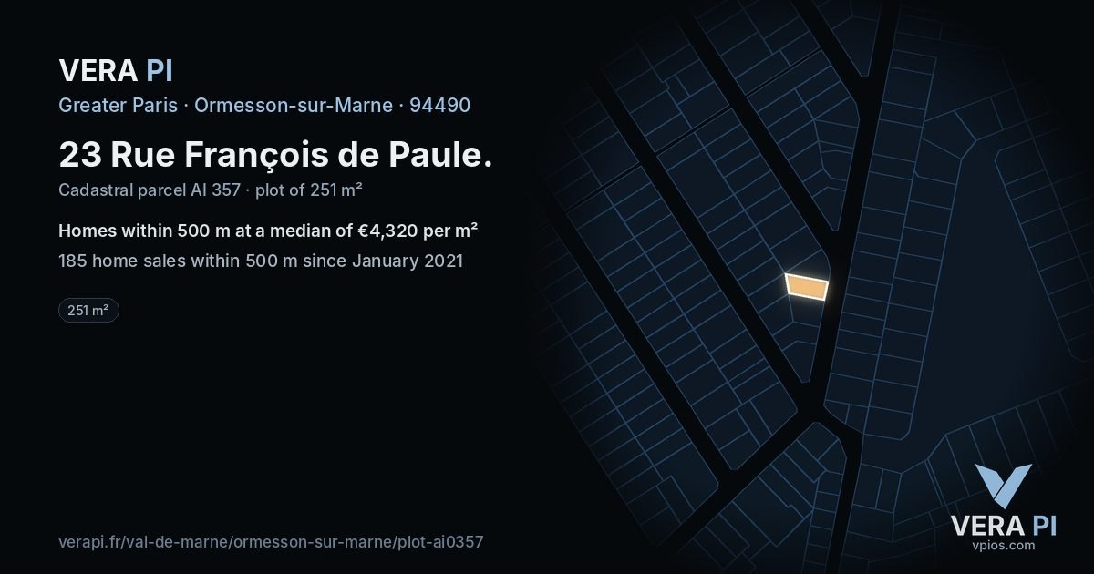 23 Rue François de Paule, Ormesson-sur-Marne at night – the plot lit, the parcels around coloured by the prices near them
