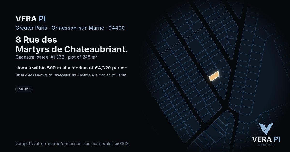 8 Rue des Martyrs de Chateaubriant, Ormesson-sur-Marne at night – the plot lit, the parcels around coloured by the prices near them